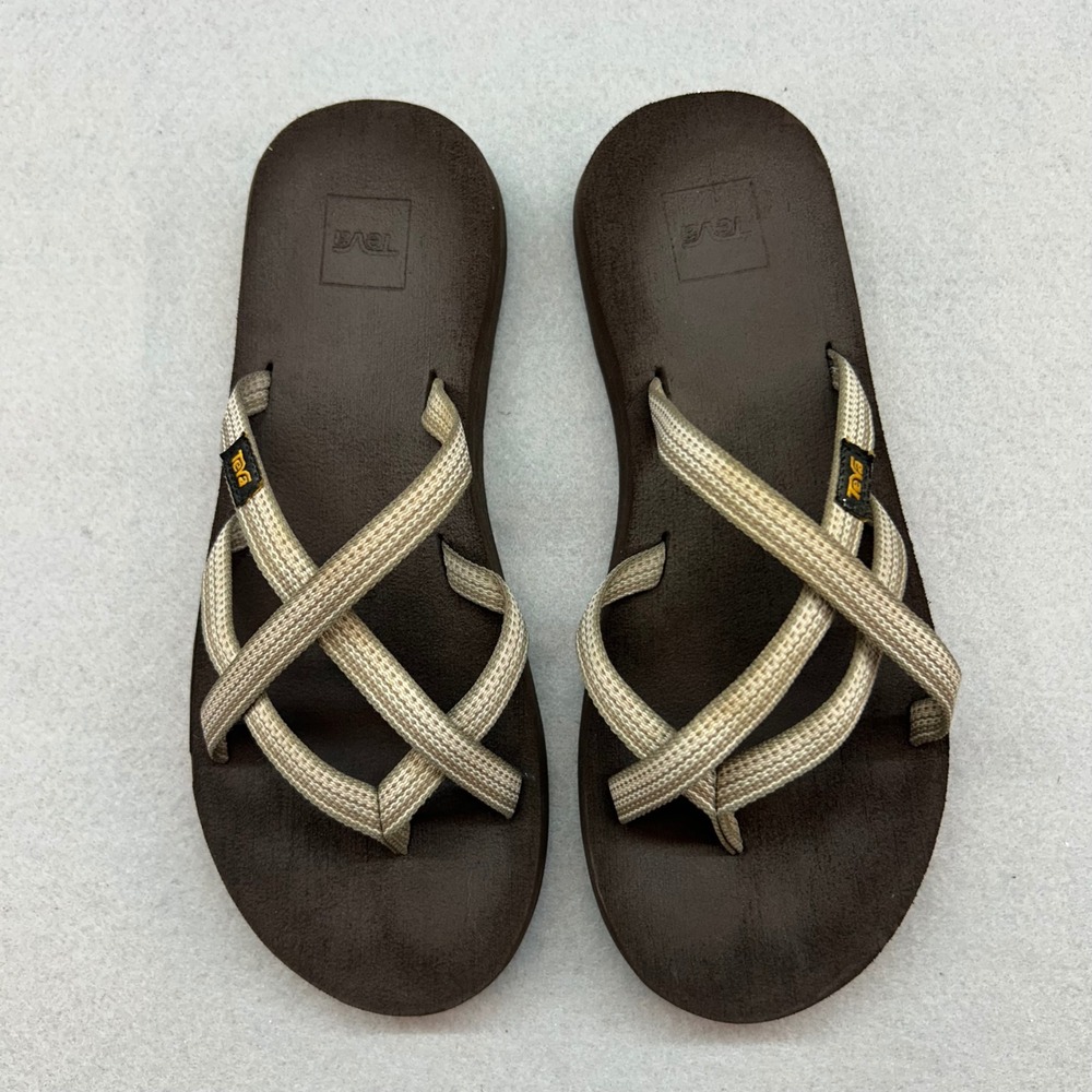 Teva Olowahu Brown Tan Strappy Mush Sole Flip Flop Sandals Womens 8